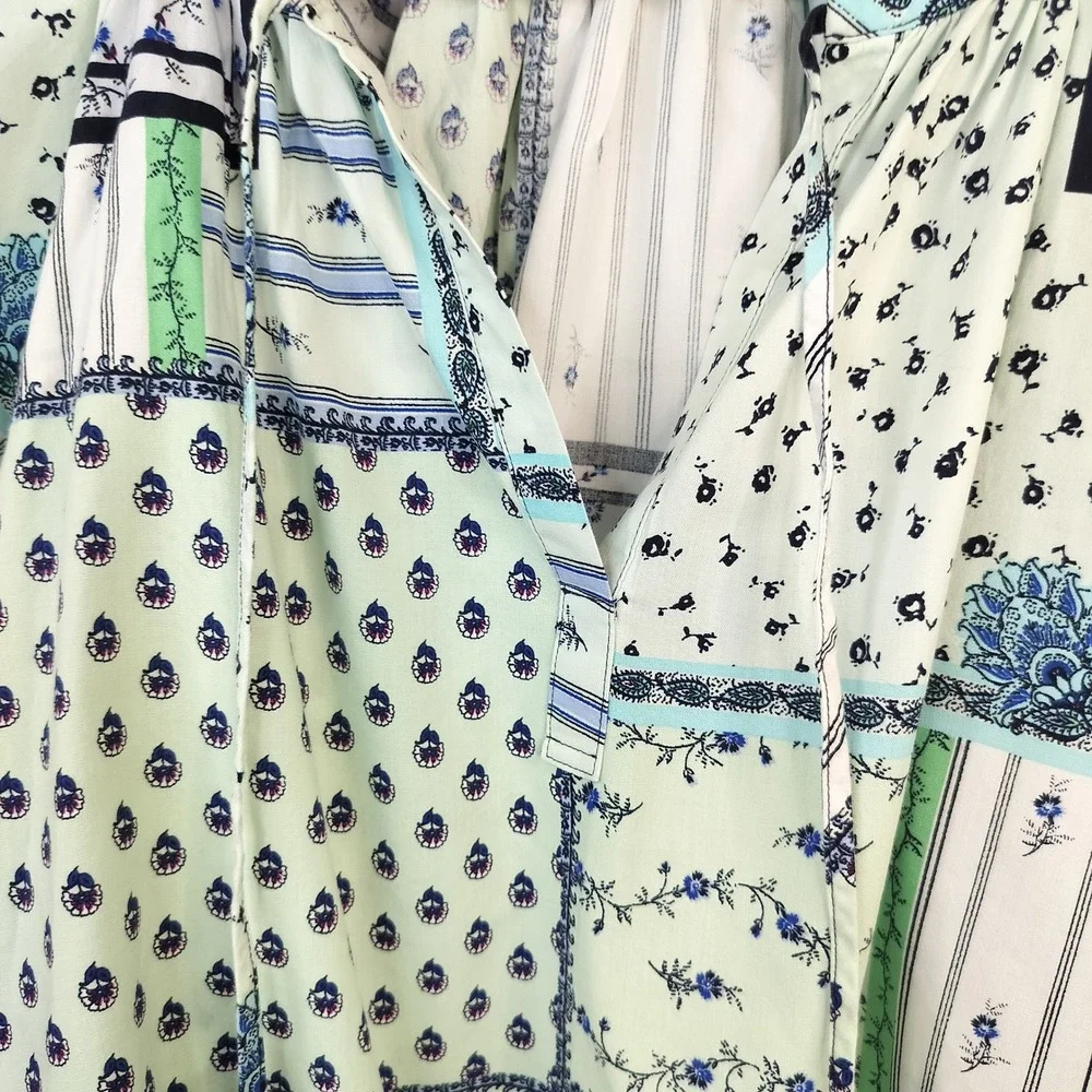 LOFT Patchwork Floral Blouse Womens XS Short Puff Sleeve Cottage Boho Blue